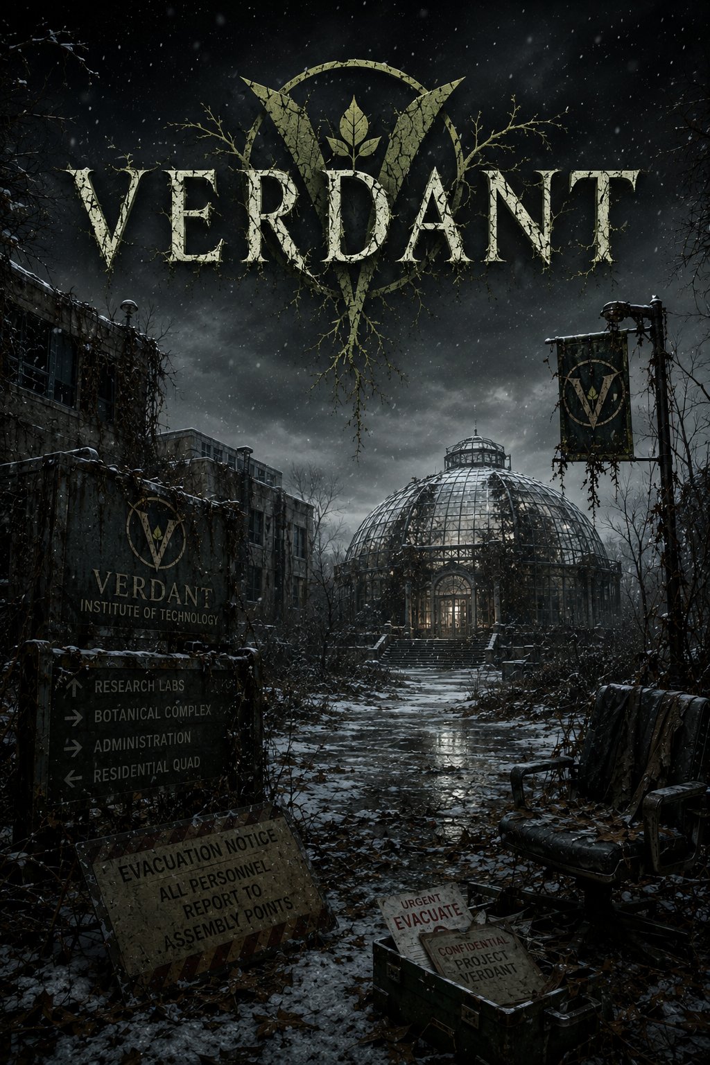 Verdant key art: the overgrown, snowbound campus of the Verdant Institute of Technology, its glass botanical dome lit from within